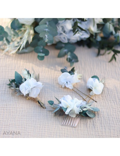 Boutonniere en fleurs éternelles bleu et blanc