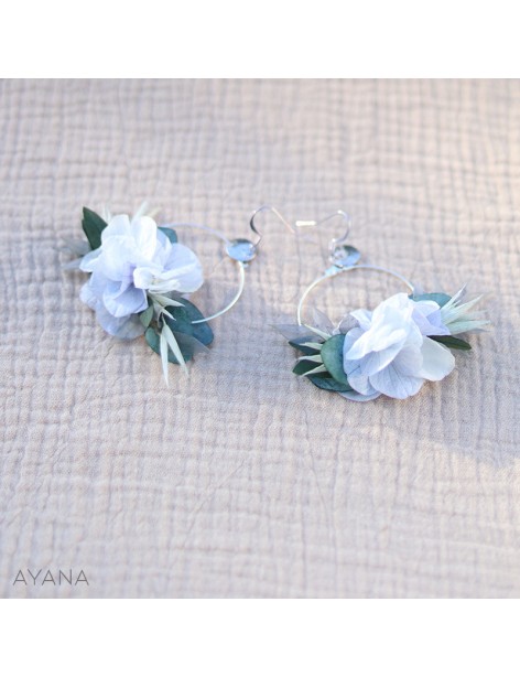 Boucles d'oreilles en fleurs stabilisées bleu et blanc