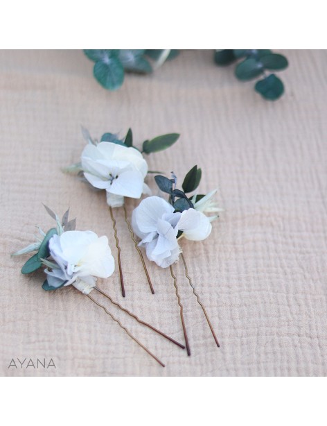 Epingles a cheveux en fleurs stabilisées bleu et blanc