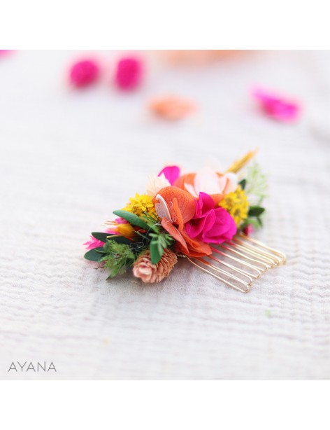Peigne en fleurs stabilisées fuchsia et orange BAYA