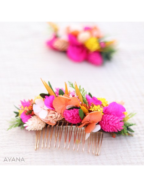 Fuchsia and orange preserved flowers hair comb