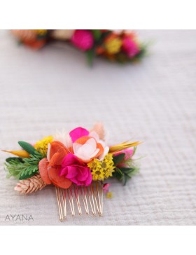 Fuchsia and orange dried flowers hair comb