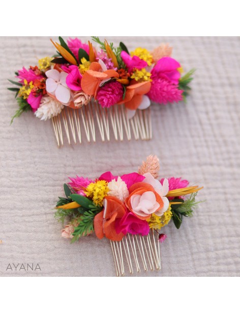 Fuchsia and orange dried flowers hair comb