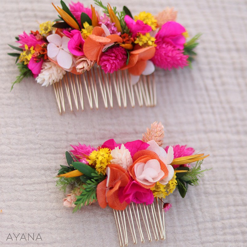 Fuchsia and orange dried flowers hair comb