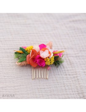 Peigne en fleurs stabilisées fuchsia et orange BAYA