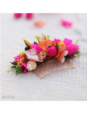 Fuchsia and orange preserved flowers hair comb