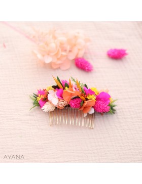 Fuchsia and orange preserved flowers hair comb