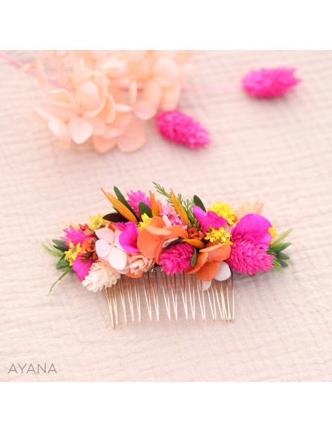 Fuchsia and orange preserved flowers hair comb
