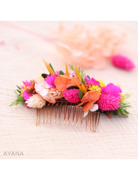 Fuchsia and orange preserved flowers hair comb