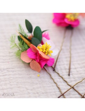 orange and fuchsia dried flowers hair pins