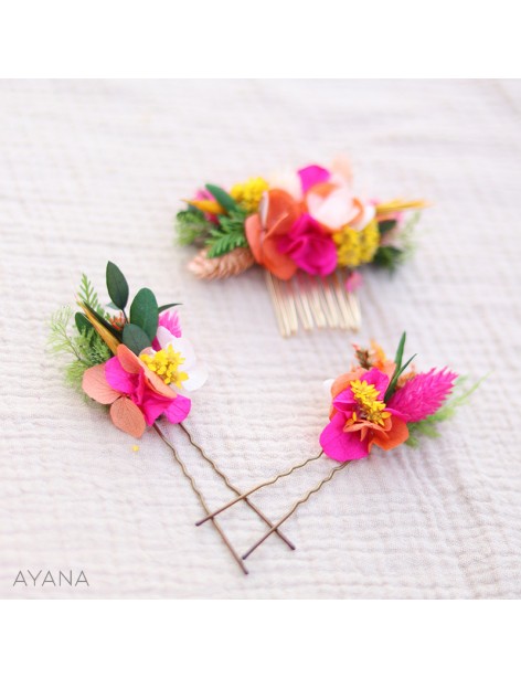 épingles à cheveux en fleurs éternelles orange et fuschia