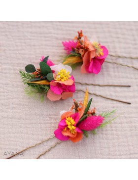 orange and fuchsia dried flowers hair pins