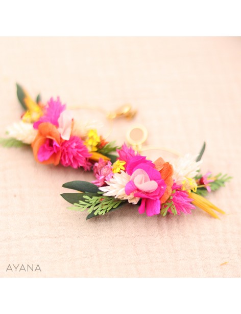 Boucles d'oreilles en fleurs stabilisées orange et fuschia