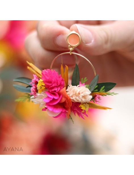 Boucles d'oreilles en fleurs stabilisées orange et fuschia