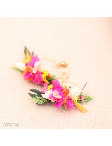 Boucles d'oreilles en fleurs stabilisées orange et fuschia