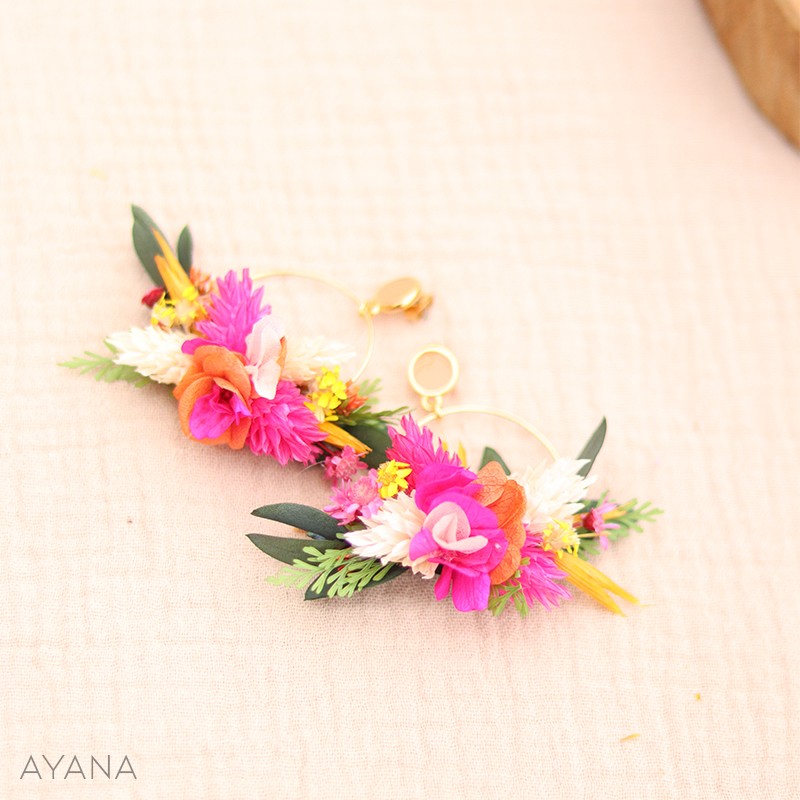 Boucles d'oreilles en fleurs stabilisées orange et fuschia