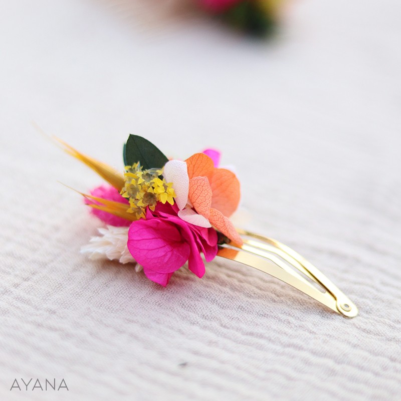 orange and fuschia dried flowers clic clac hair pin