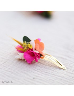 Barrette clic clac en fleurs stabilisées orange et fuschia