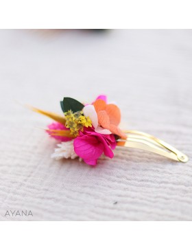 Barrette clic clac en fleurs stabilisées orange et fuschia