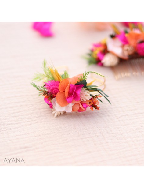 Bracelet en fleurs stabilisées orange et fuschia