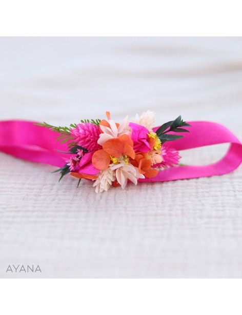 Bracelet sur ruban en fleurs séchées orange et fuschia