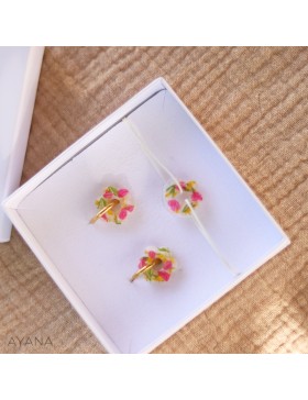 coffret cadeau boucles et bracelets résine fleurs fuschia et jaune