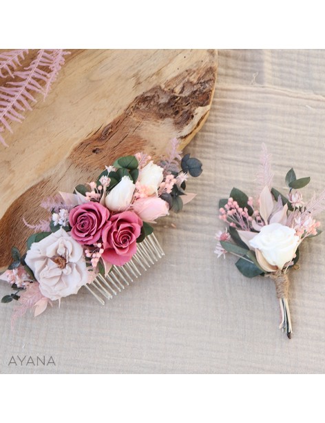 Peigne et boutonniere en fleurs eternelles Rosy